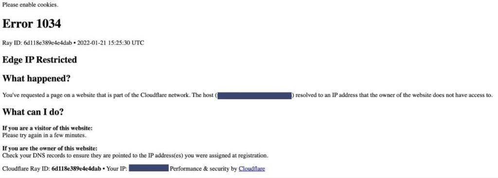 Cloudflare Error 1034 Screenshot